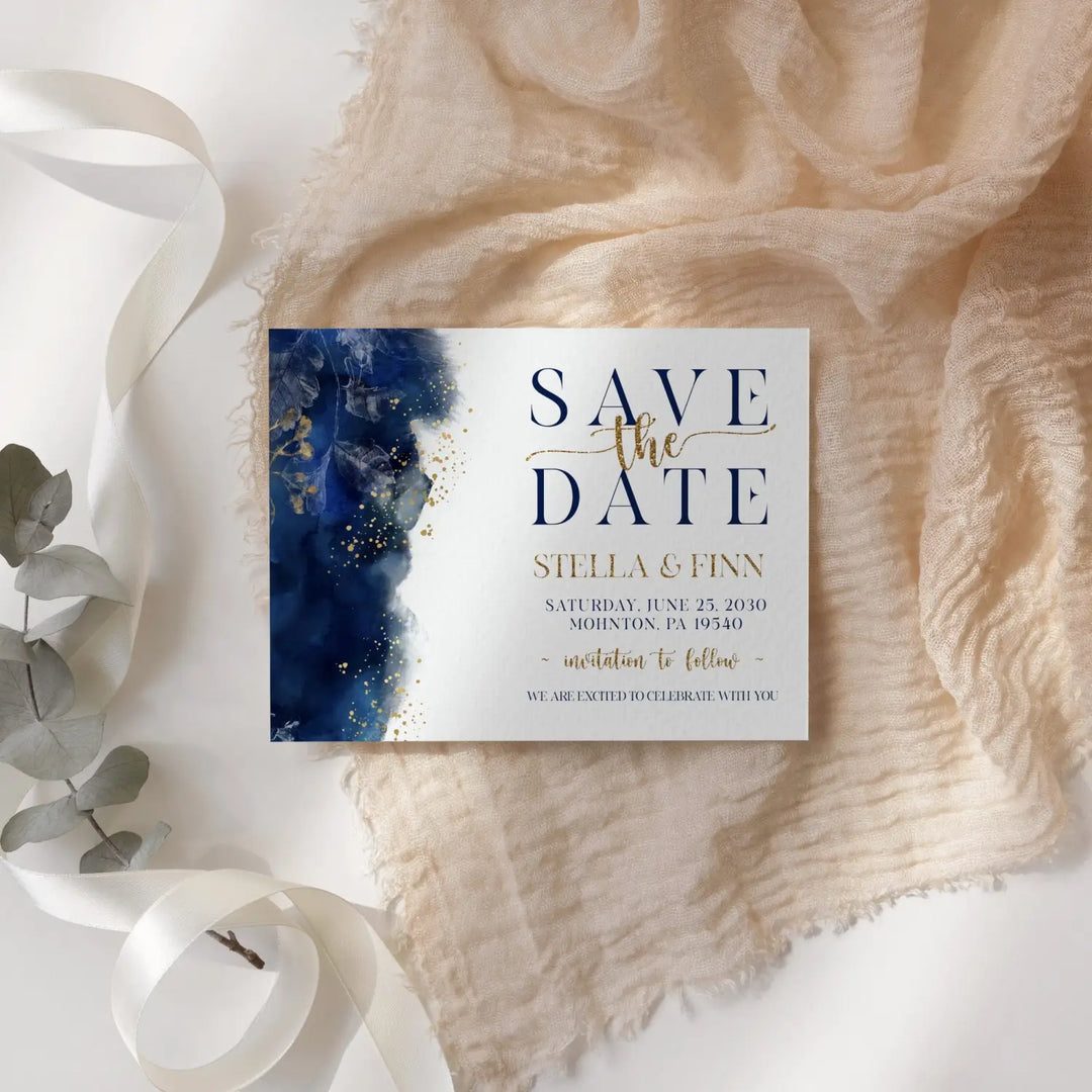 Navy watercolor and gold floral save the date cards custom wedding engagement announcements a2 size with envelopes