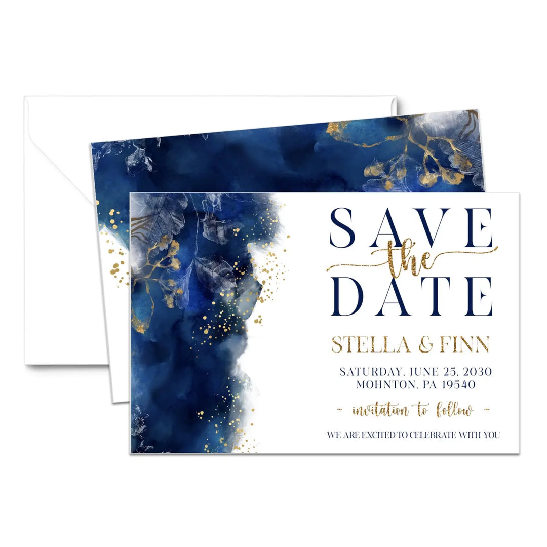 Navy watercolor and gold floral save the date cards custom wedding engagement announcements a2 size with envelopes