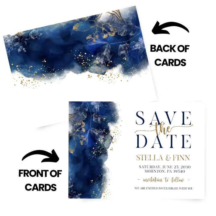 Navy watercolor and gold floral save the date cards custom wedding engagement announcements a2 size with envelopes