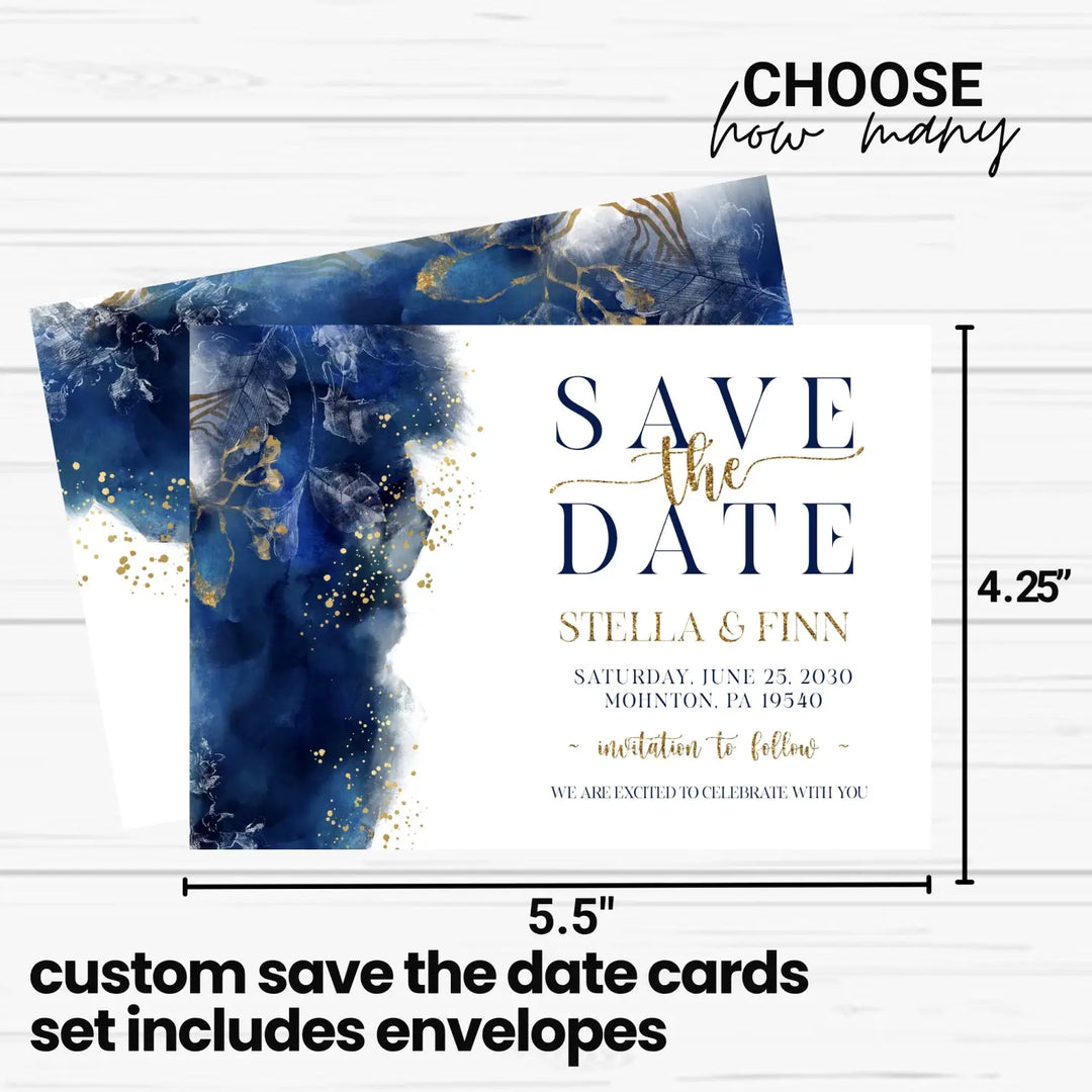 Navy watercolor and gold floral save the date cards custom wedding engagement announcements a2 size with envelopes