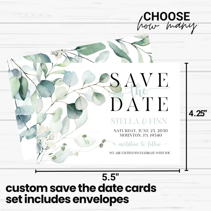 Greenery custom save the date cards 3.5x5 & 4bar sizes printable printed options wedding event announcements fast