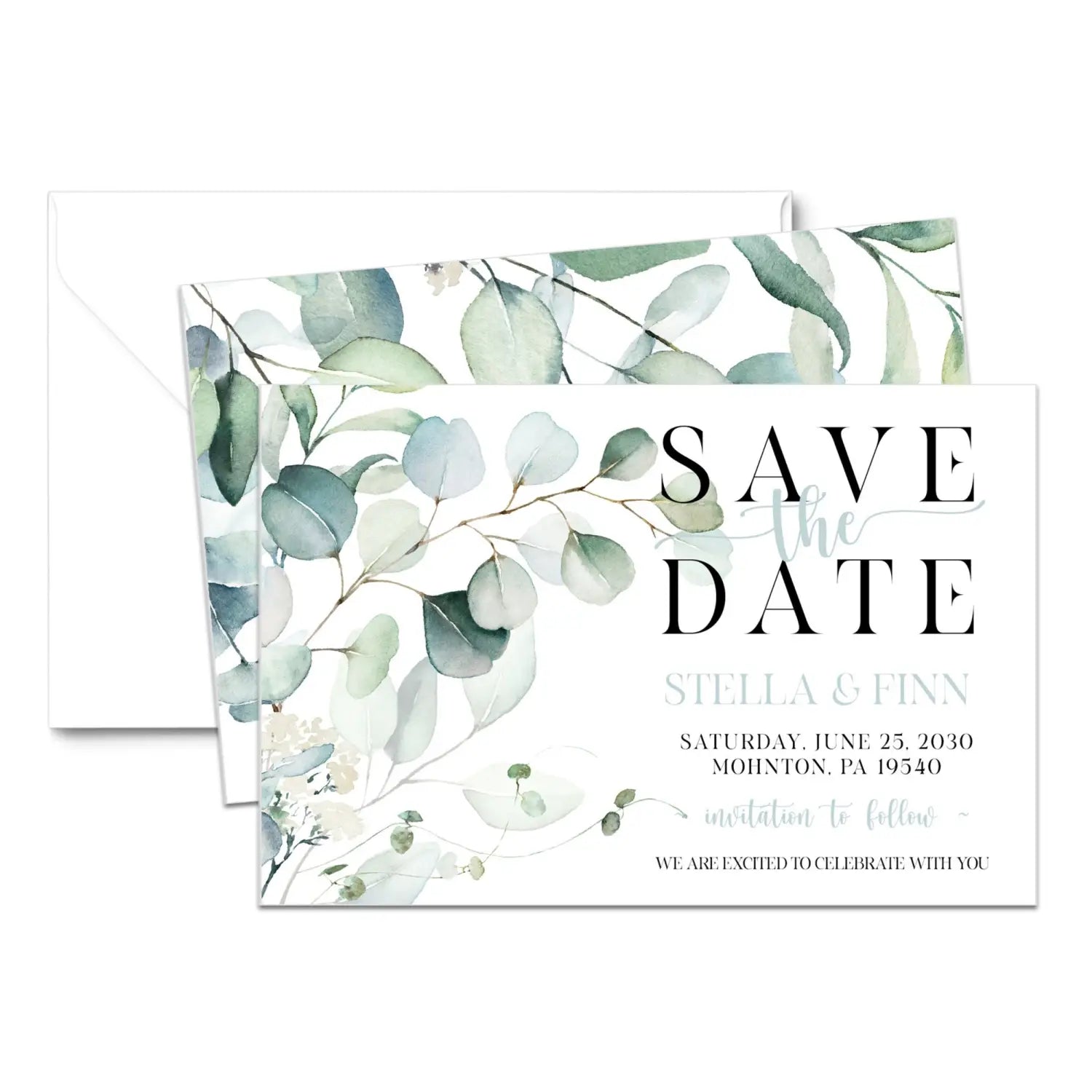 Greenery custom save the date cards 3.5x5 & 4bar sizes printable printed options wedding event announcements fast