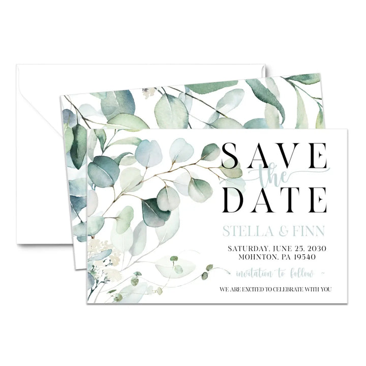 Greenery custom save the date cards 3.5x5 & 4bar sizes printable printed options wedding event announcements fast