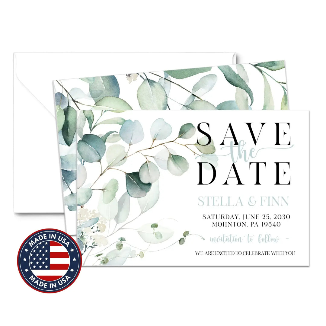 Greenery custom save the date cards 3.5x5 & 4bar sizes printable printed options wedding event announcements fast
