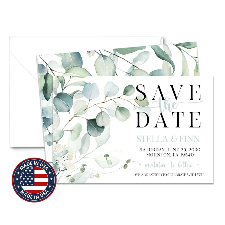 Greenery custom save the date cards 3.5x5 & 4bar sizes printable printed options wedding event announcements fast