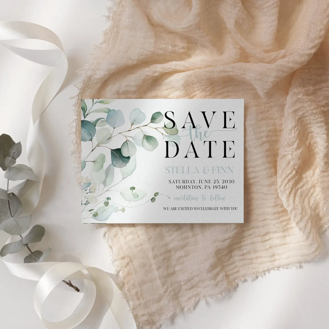 Greenery custom save the date cards 3.5x5 & 4bar sizes printable printed options wedding event announcements fast