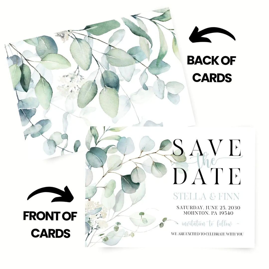 Greenery custom save the date cards 3.5x5 & 4bar sizes printable printed options wedding event announcements fast