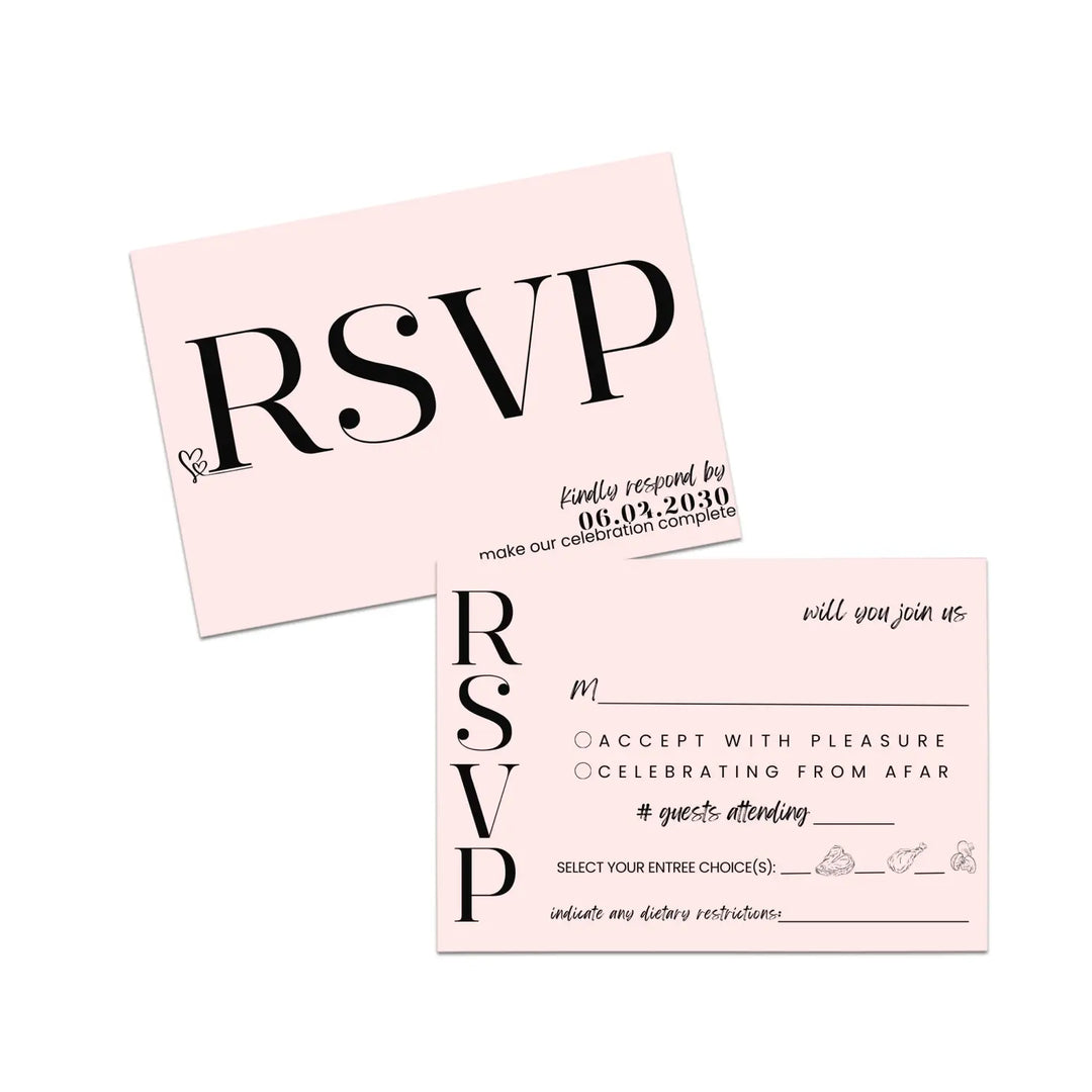 Custom Peony Pink RSVP Cards with Elegant Black Calligraphy - Premium Card Stock, 4x6 Inch Size