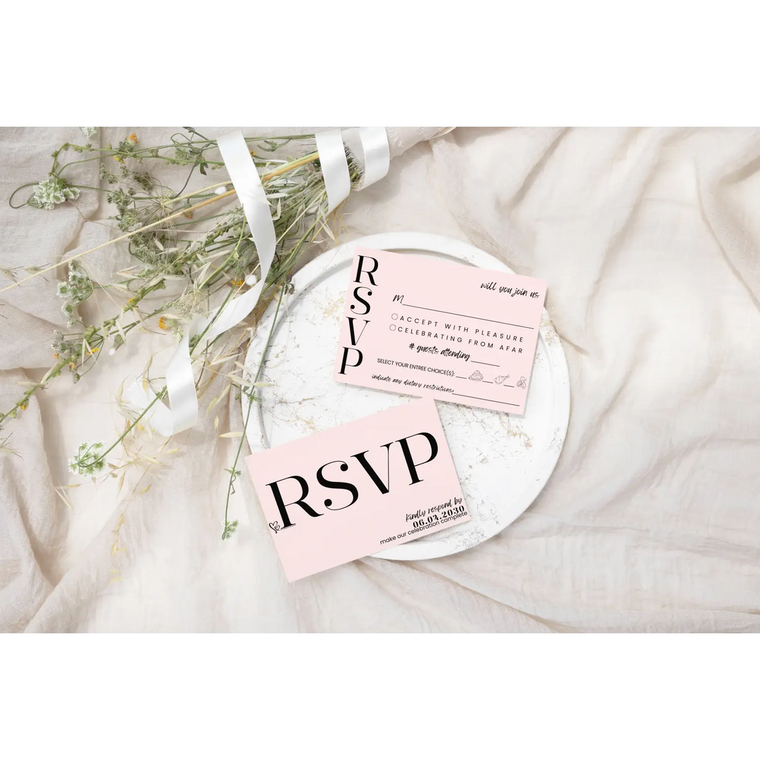 Custom Peony Pink RSVP Cards with Elegant Black Calligraphy - Premium Card Stock, 4x6 Inch Size