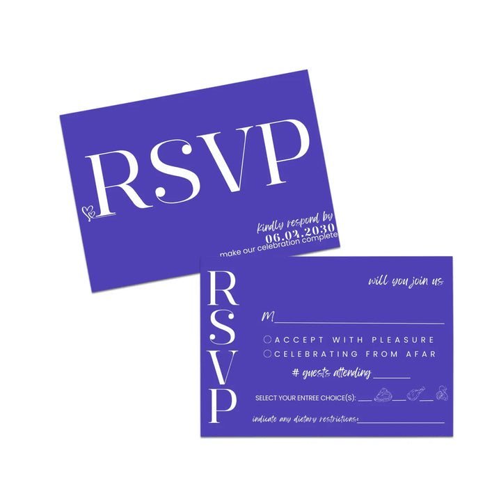 Custom Bold Purple RSVP Cards with Elegant White Calligraphy - Premium Card Stock, 4x6 Inch Size