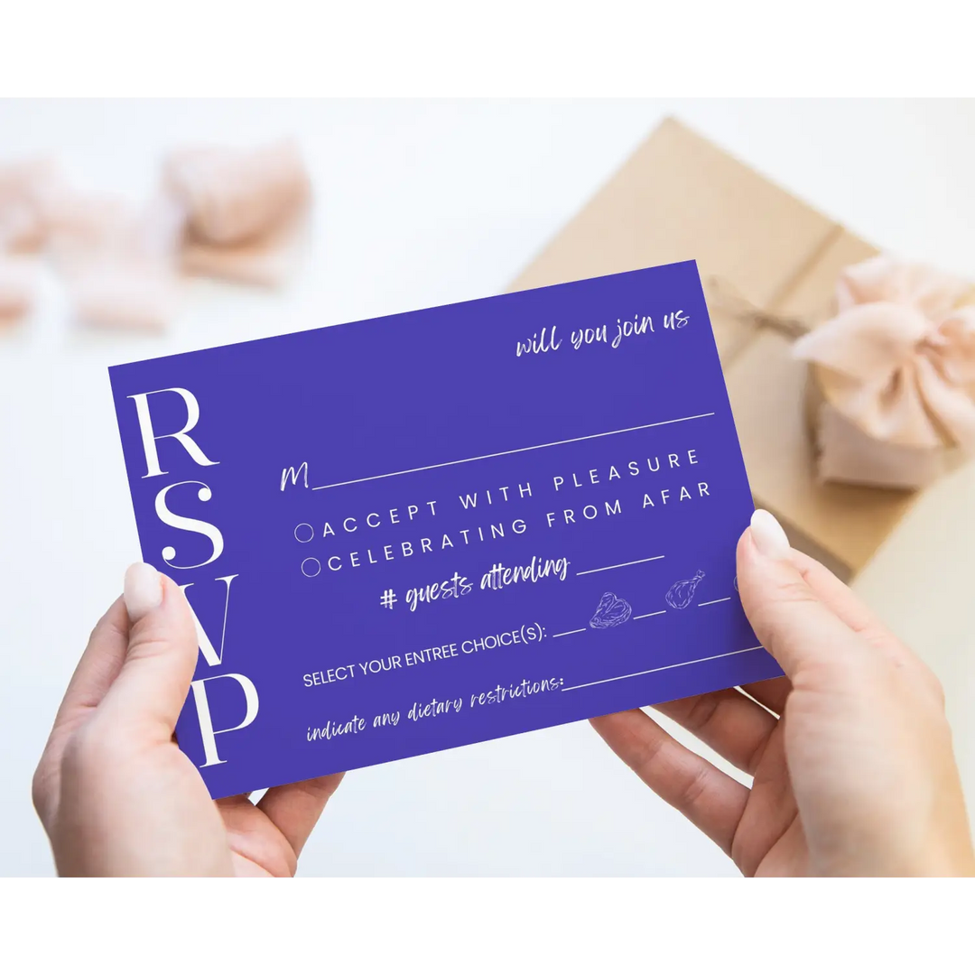 Custom Bold Purple RSVP Cards with Elegant White Calligraphy - Premium Card Stock, 4x6 Inch Size