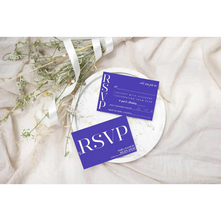 Custom Bold Purple RSVP Cards with Elegant White Calligraphy - Premium Card Stock, 4x6 Inch Size