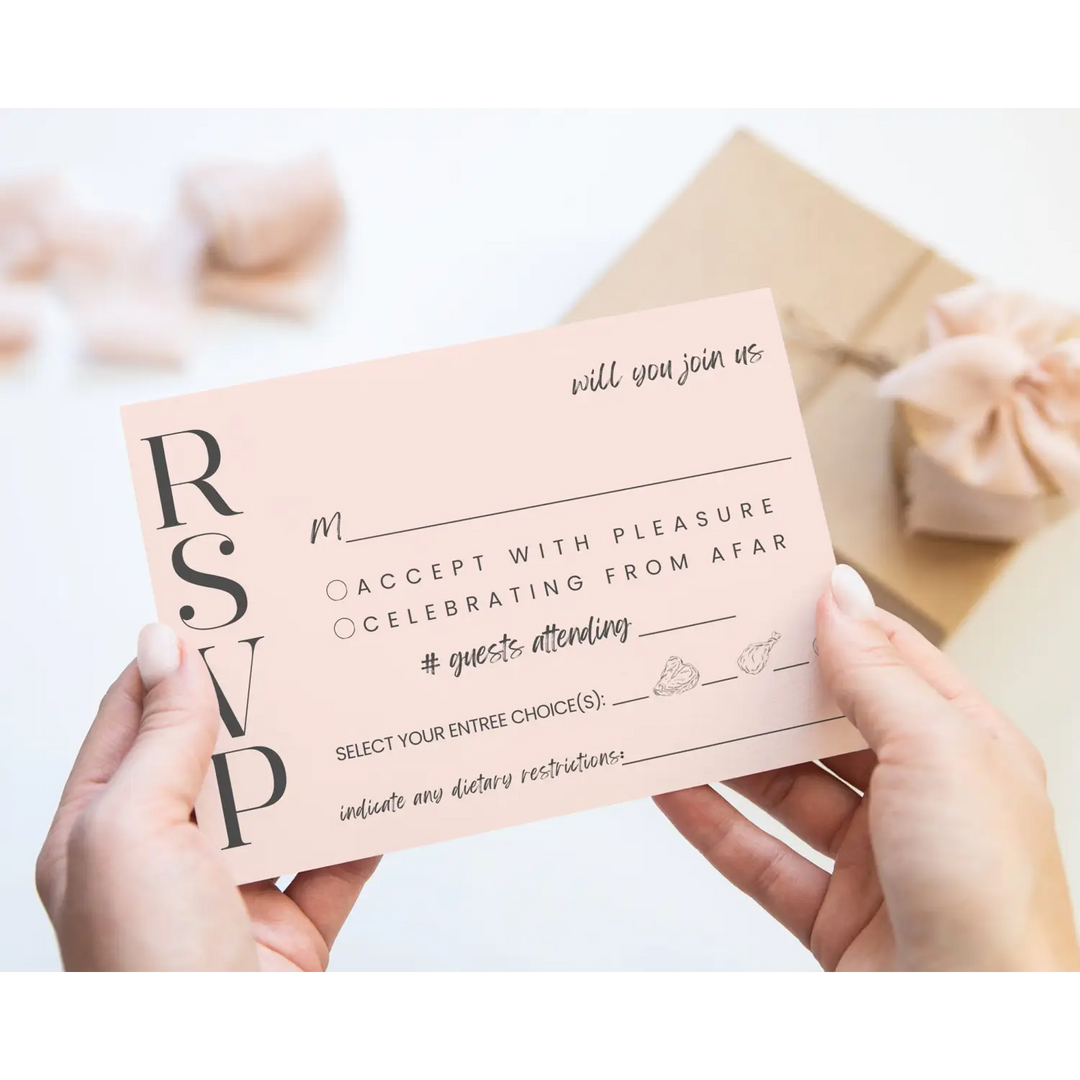 Custom Peach RSVP Cards with Elegant Black Calligraphy - Premium Card Stock, 4x6 Inch Size