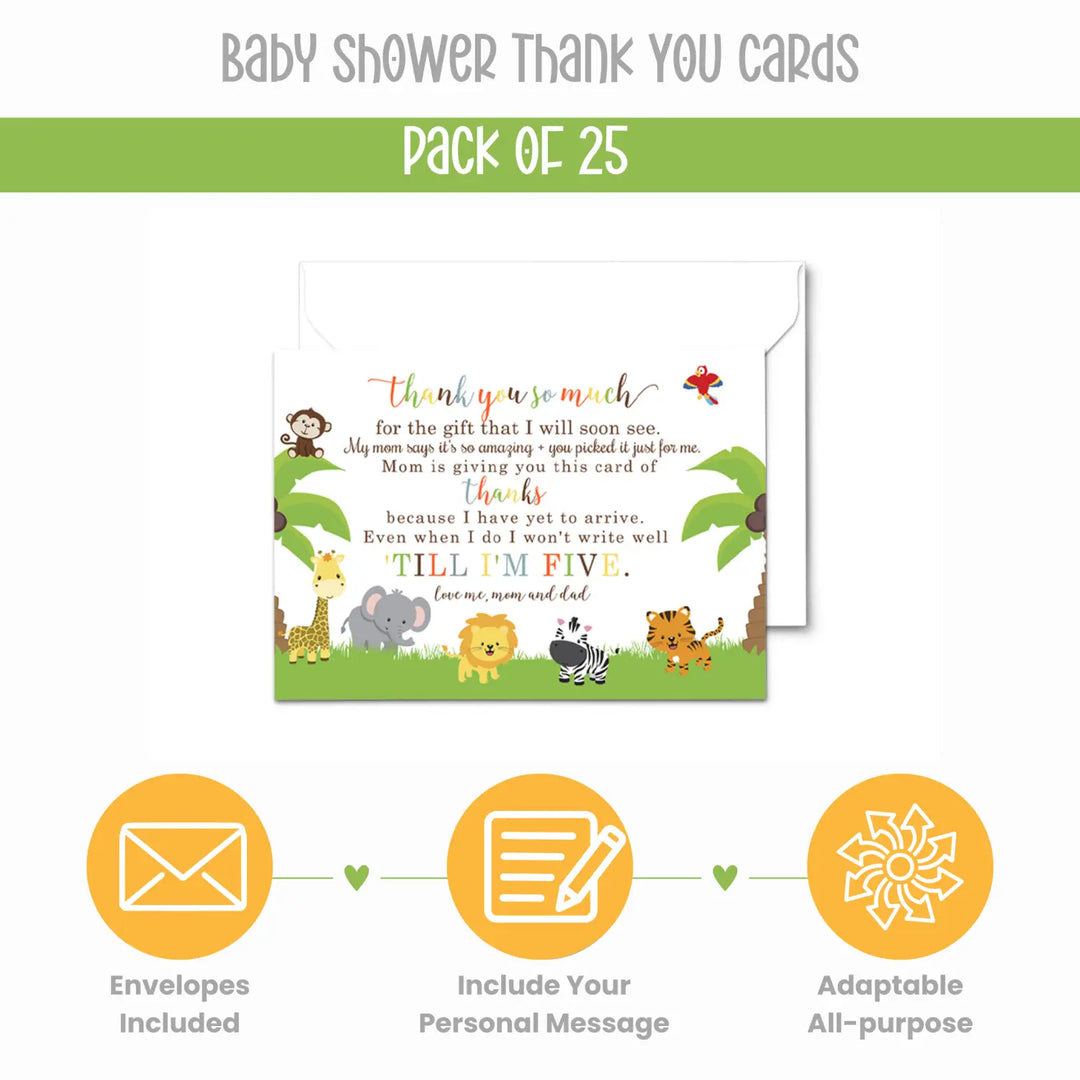 Cute Jungle Baby Shower Thank You Cards – Personalized Notecards (Pack of 25) - Paper Clever Party