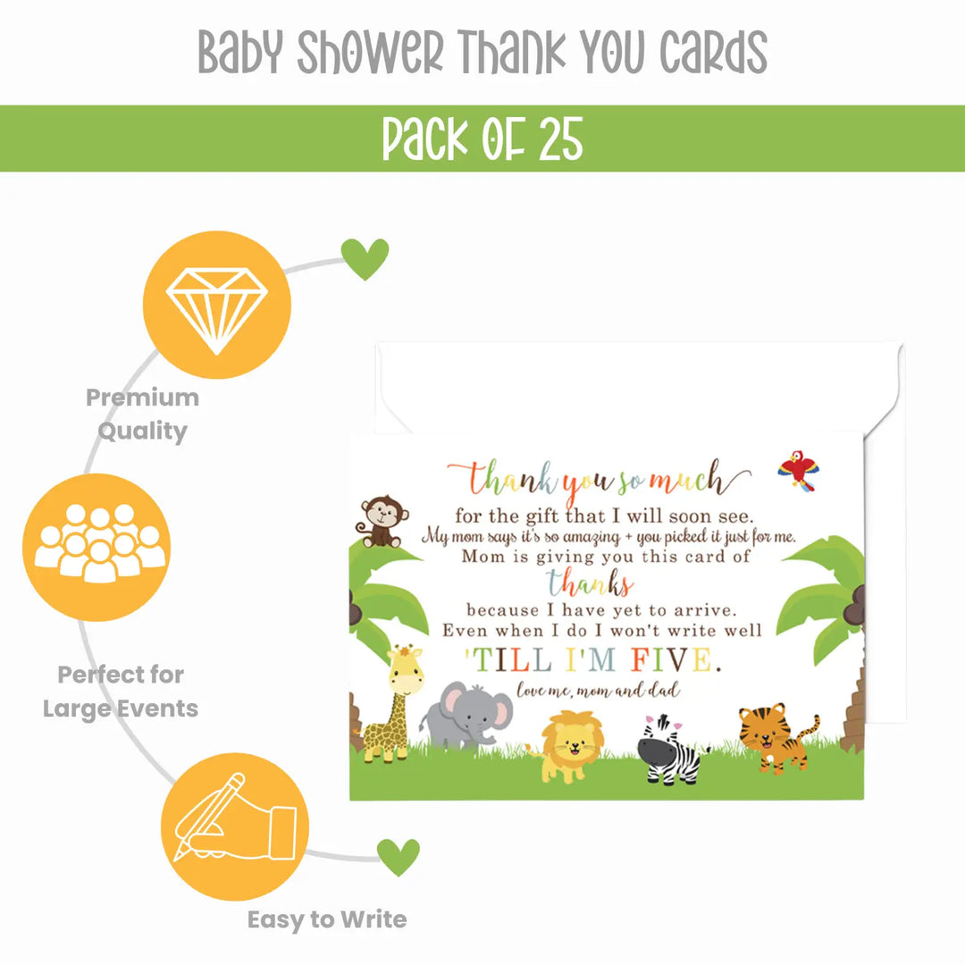 Cute Jungle Baby Shower Thank You Cards – Personalized Notecards (Pack of 25) - Paper Clever Party