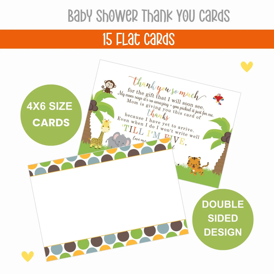 Cute Jungle Baby Shower Thank You Cards - Unisex (15 Pack) with Orange Envelopes, 4x6 - Paper Clever Party