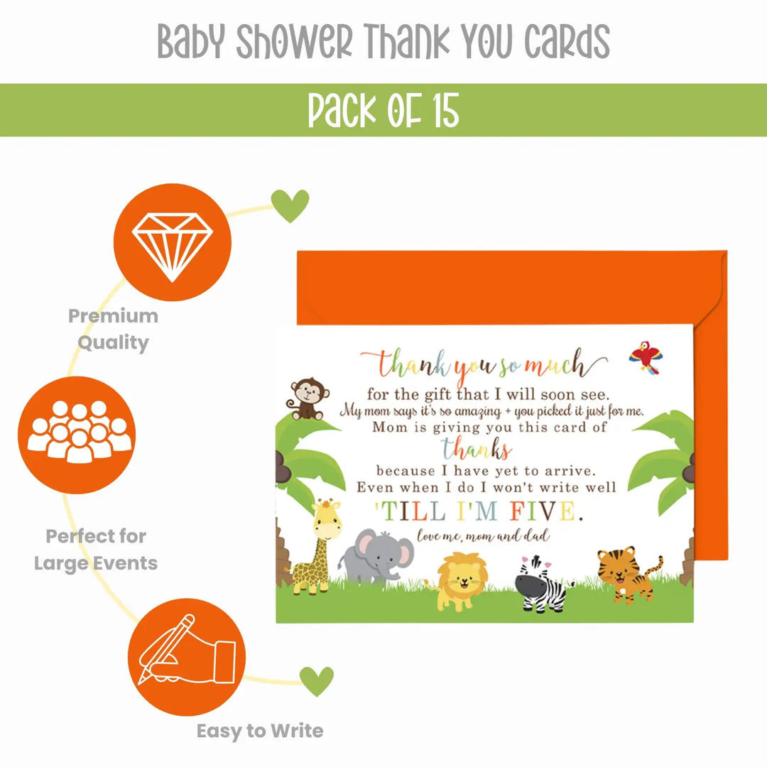 Cute Jungle Baby Shower Thank You Cards - Unisex (15 Pack) with Orange Envelopes, 4x6 - Paper Clever Party