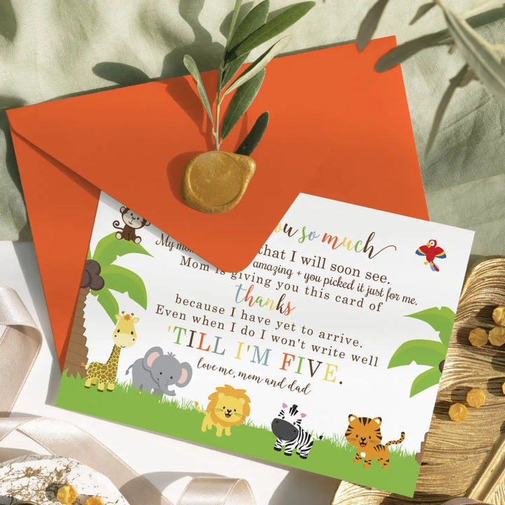 Cute Jungle Baby Shower Thank You Cards - Unisex (15 Pack) with Orange Envelopes, 4x6 - Paper Clever Party