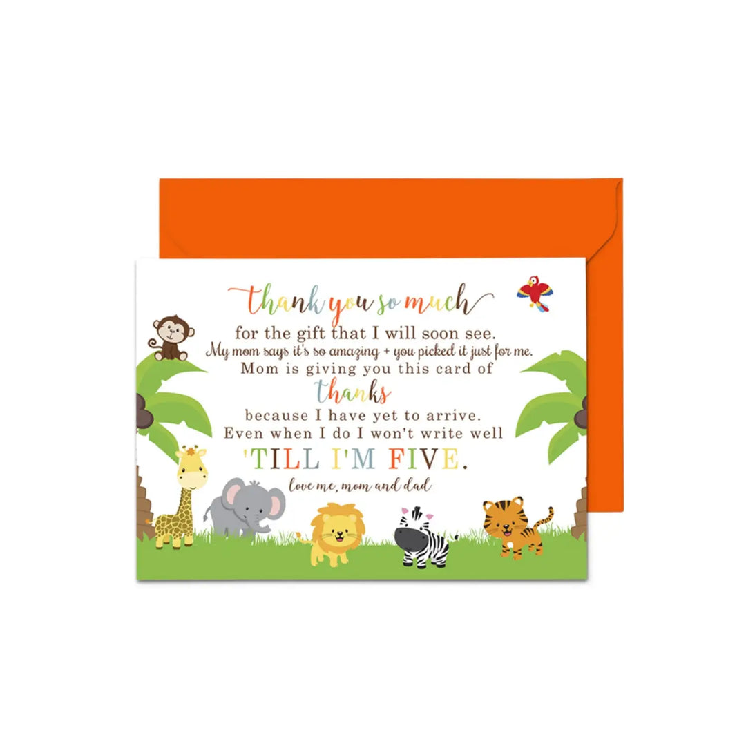 Cute Jungle Baby Shower Thank You Cards - Unisex (15 Pack) with Orange Envelopes, 4x6 - Paper Clever Party