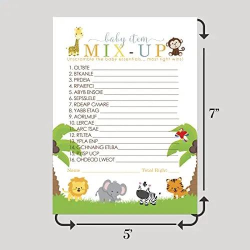 Cute Jungle Baby Shower Word Scramble Game Cards - 25 Pack Unscramble Activity for Gender Reveal Boy Girl Themed Safari Animal Supply - Paper Clever Party