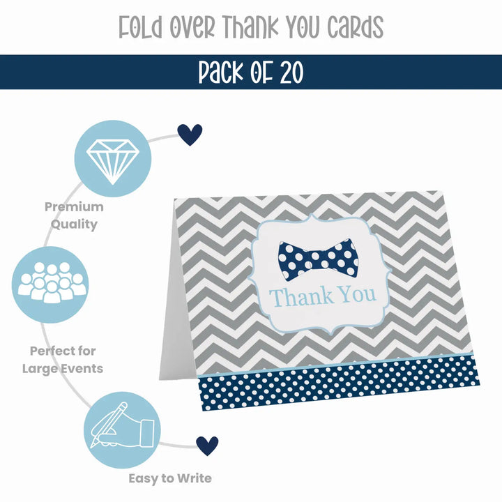 Dapper Bow Tie Thank You Cards - 20-Pack for Boys’ Celebrations - Blue & Grey Little Man Design - Paper Clever Party