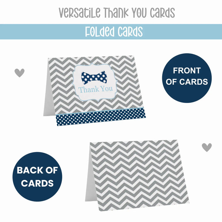 Dapper Bow Tie Thank You Cards - 20-Pack for Boys’ Celebrations - Blue & Grey Little Man Design - Paper Clever Party