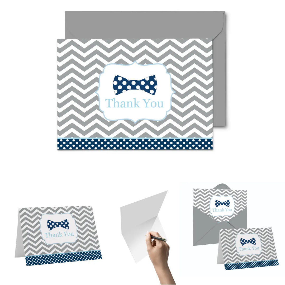 Dapper Bow Tie Thank You Cards - 20-Pack for Boys’ Celebrations - Blue & Grey Little Man Design - Paper Clever Party