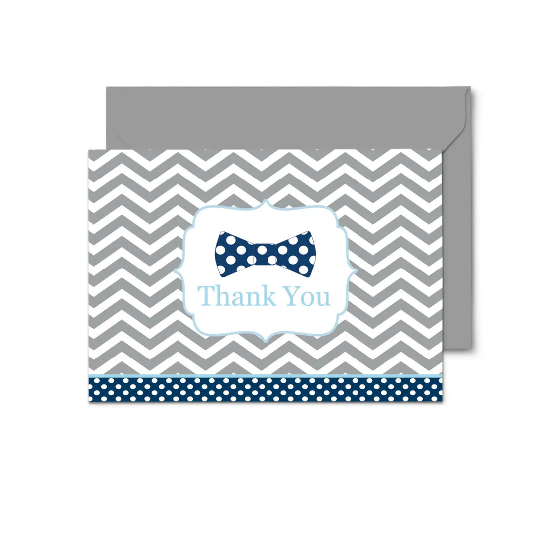 Dapper Bow Tie Thank You Cards - 20-Pack for Boys’ Celebrations - Blue & Grey Little Man Design - Paper Clever Party