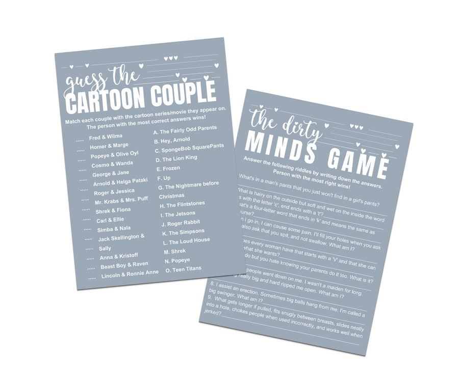 Dusty Blue Bridal Shower Game Duo, Dirty Minds & Cartoon Couples Match - Paper Clever Party