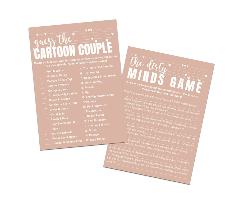 Canyon Rose Bridal Shower Game Duo, Dirty Minds & Cartoon Couples Match - Paper Clever Party