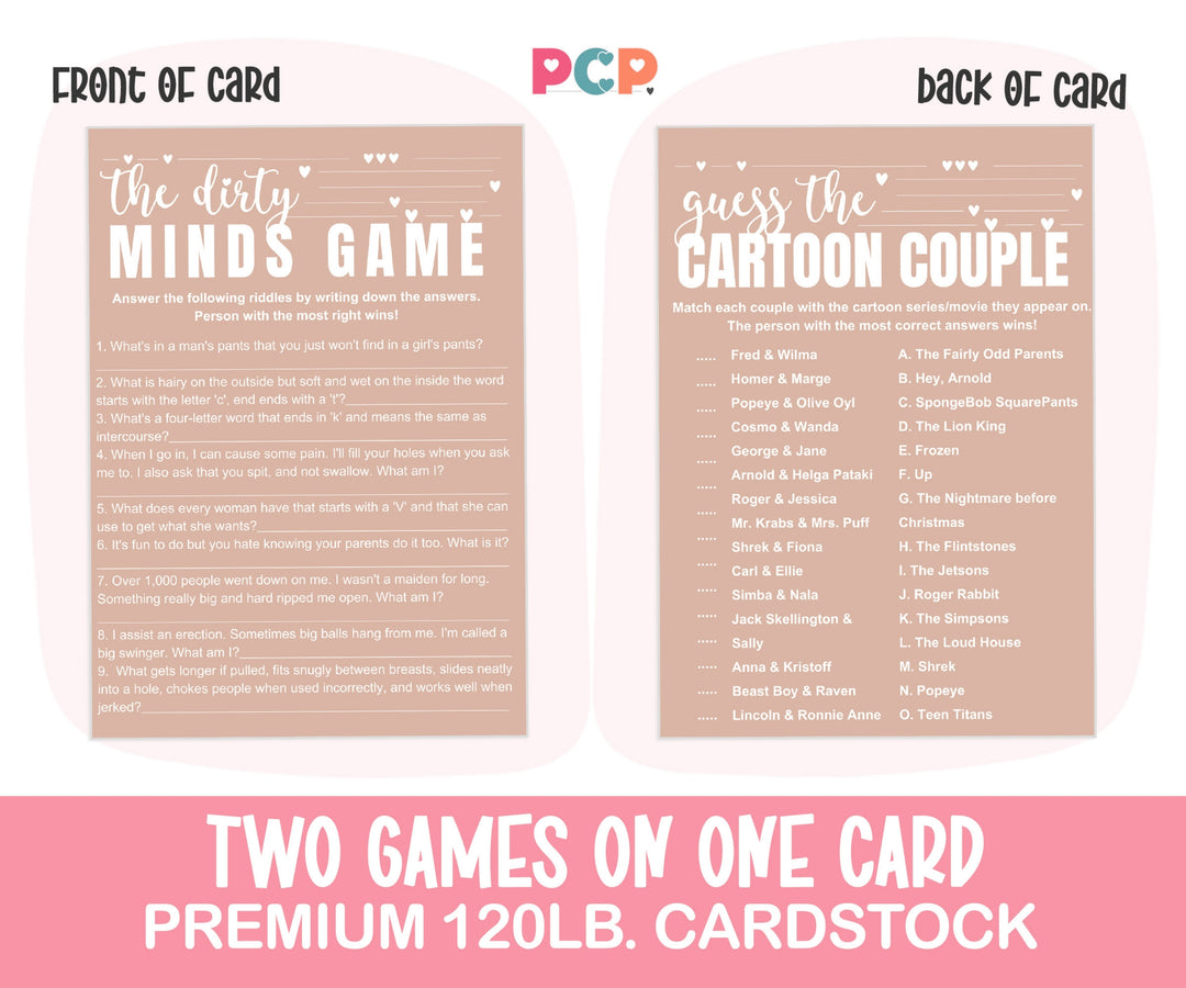 Canyon Rose Bridal Shower Game Duo, Dirty Minds & Cartoon Couples Match - Paper Clever Party