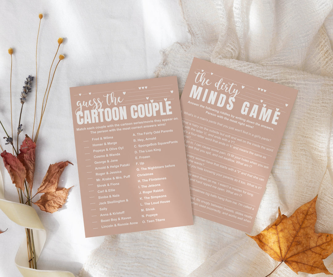 Canyon Rose Bridal Shower Game Duo, Dirty Minds & Cartoon Couples Match - Paper Clever Party