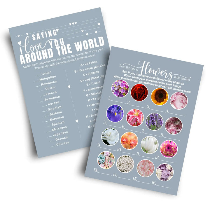 Dusty blue bridal shower games (25 each) guess the flowers and love phrases around world fun wedding activity