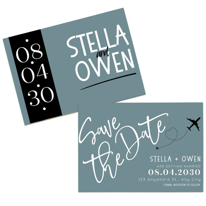 Custom Retro Blue and Black Save the Date Cards - Personalized 4x6 Inch Invitations with Elegant Typography and White Envelopes - Perfect for Weddings, Birthdays, and Showers