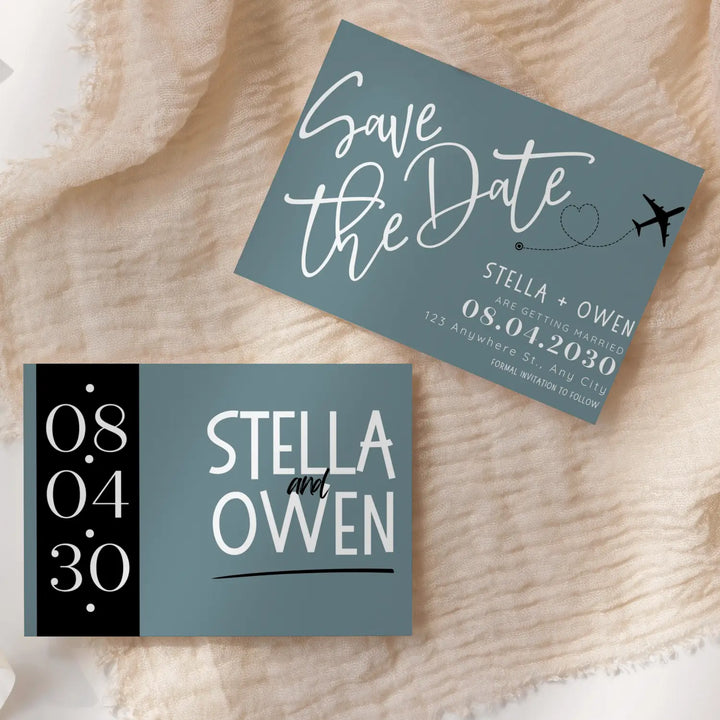 Custom Retro Blue and Black Save the Date Cards - Personalized 4x6 Inch Invitations with Elegant Typography and White Envelopes - Perfect for Weddings, Birthdays, and Showers