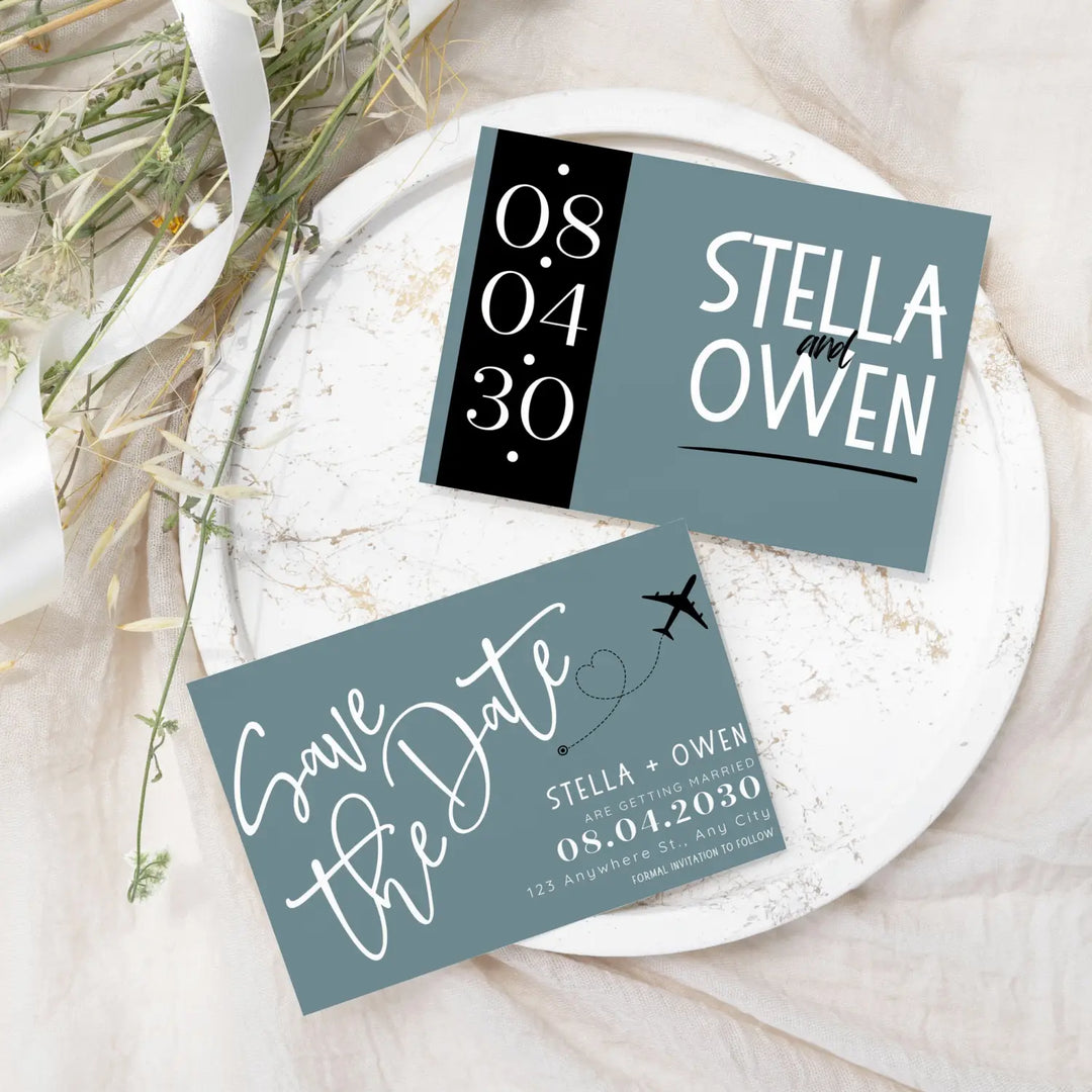 Custom Retro Blue and Black Save the Date Cards - Personalized 4x6 Inch Invitations with Elegant Typography and White Envelopes - Perfect for Weddings, Birthdays, and Showers