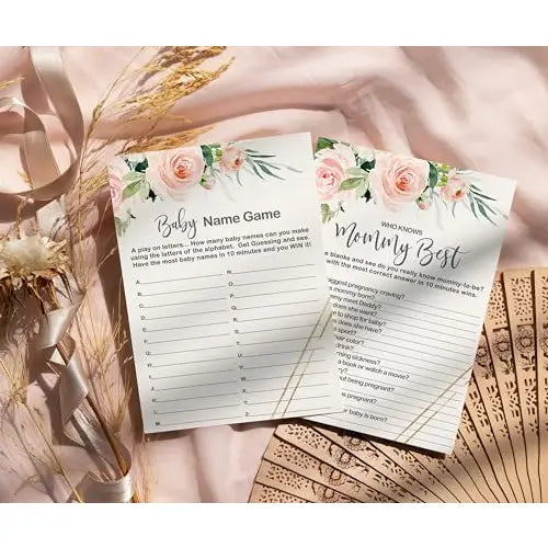 “Elegant Beginnings” - Rustic Pink & Gold Baby Shower Game Set, 5x7 Cards (25 ct) - Paper Clever Party