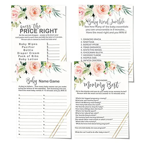 “Elegant Beginnings” - Rustic Pink & Gold Baby Shower Game Set, 5x7 Cards (25 ct) - Paper Clever Party