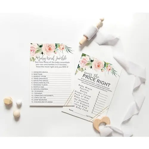 “Elegant Beginnings” - Rustic Pink & Gold Baby Shower Game Set, 5x7 Cards (25 ct) - Paper Clever Party