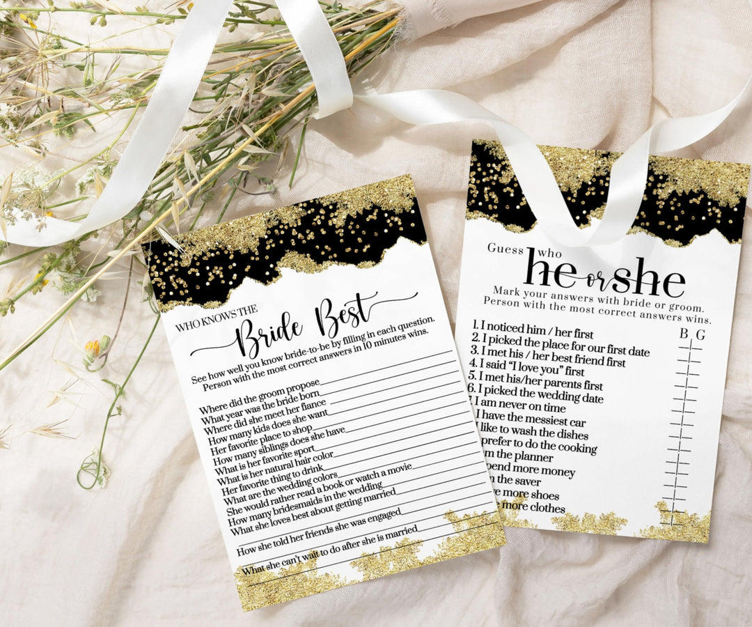 Elegant Black and Gold He or She Said Bridal Shower Game - Modern 5x7 Cards for 25 Guests, Plus Bride Best Challenge - Paper Clever Party