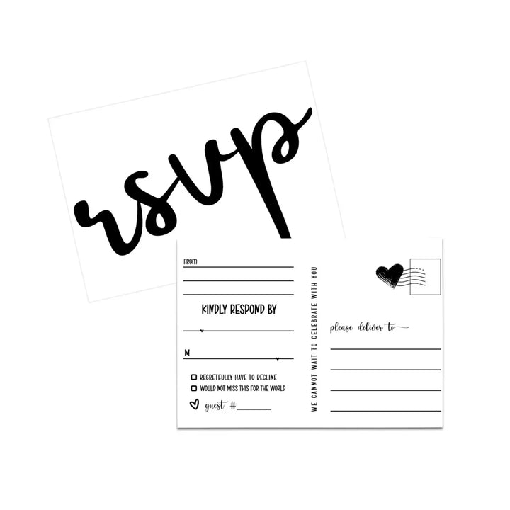 Elegant Black & White Calligraphy RSVP Postcards - Modern Wedding Response, 4x6, Pack of 25 - Paper Clever Party