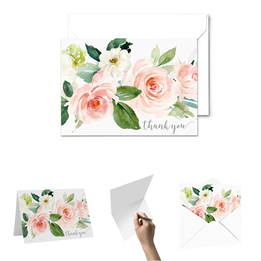 Elegant Floral Thank You Cards - Greenery Blush and Gold, 25 Notecards with Envelopes for Special Moments - Paper Clever Party