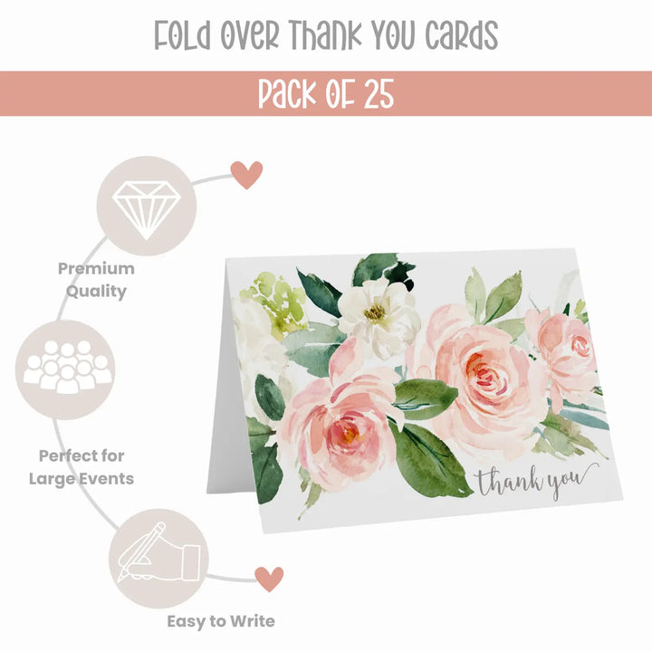 Elegant Floral Thank You Cards - Greenery Blush and Gold, 25 Notecards with Envelopes for Special Moments - Paper Clever Party