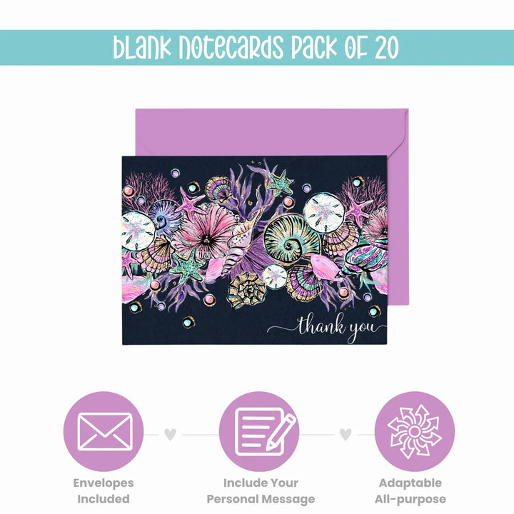 Elegant Seashells Thank You Cards - 20-Pack for All Occasions, Purple & Teal Design - Paper Clever Party