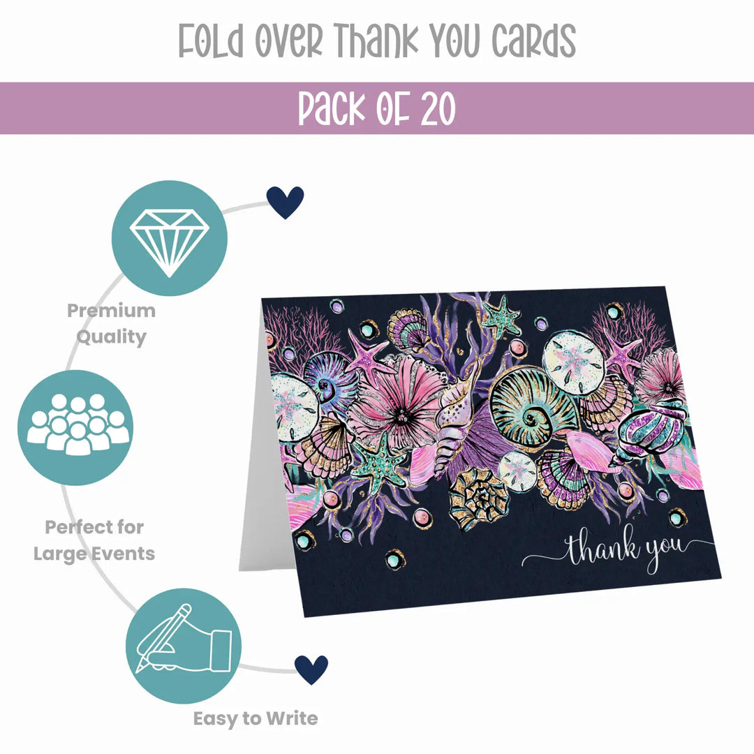 Elegant Seashells Thank You Cards - 20-Pack for All Occasions, Purple & Teal Design - Paper Clever Party