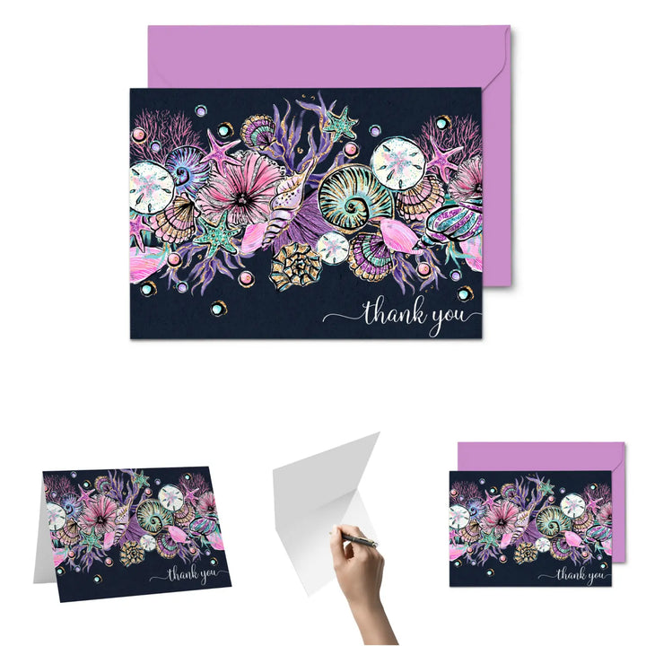 Elegant Seashells Thank You Cards - 20-Pack for All Occasions, Purple & Teal Design - Paper Clever Party