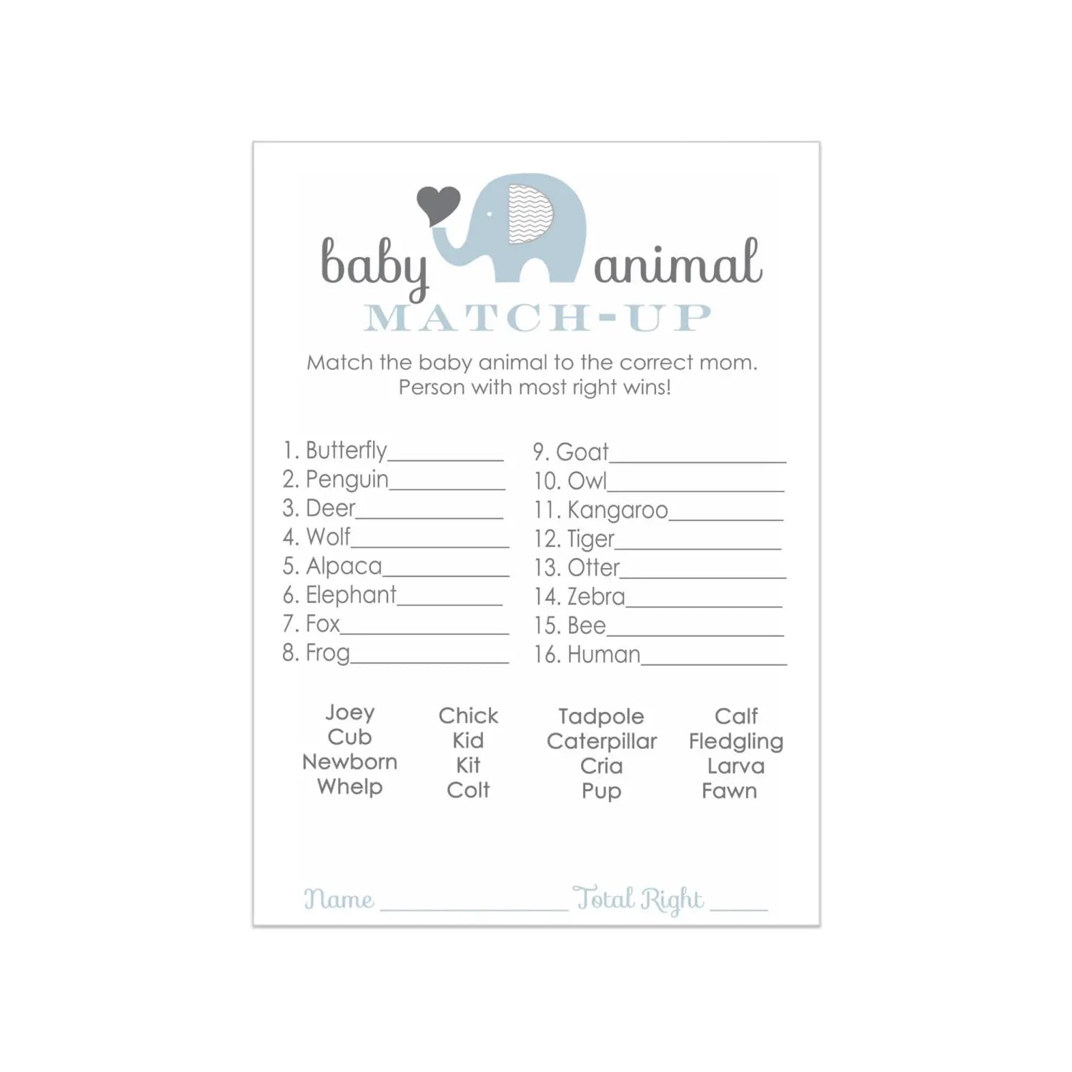 Elephant baby shower game cards animal matching (25 pack) - party games
