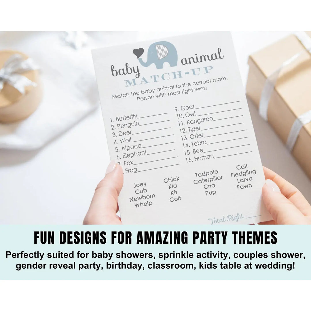 Elephant Baby Shower Game Cards Animal Matching (25 Pack) - Paper Clever Party