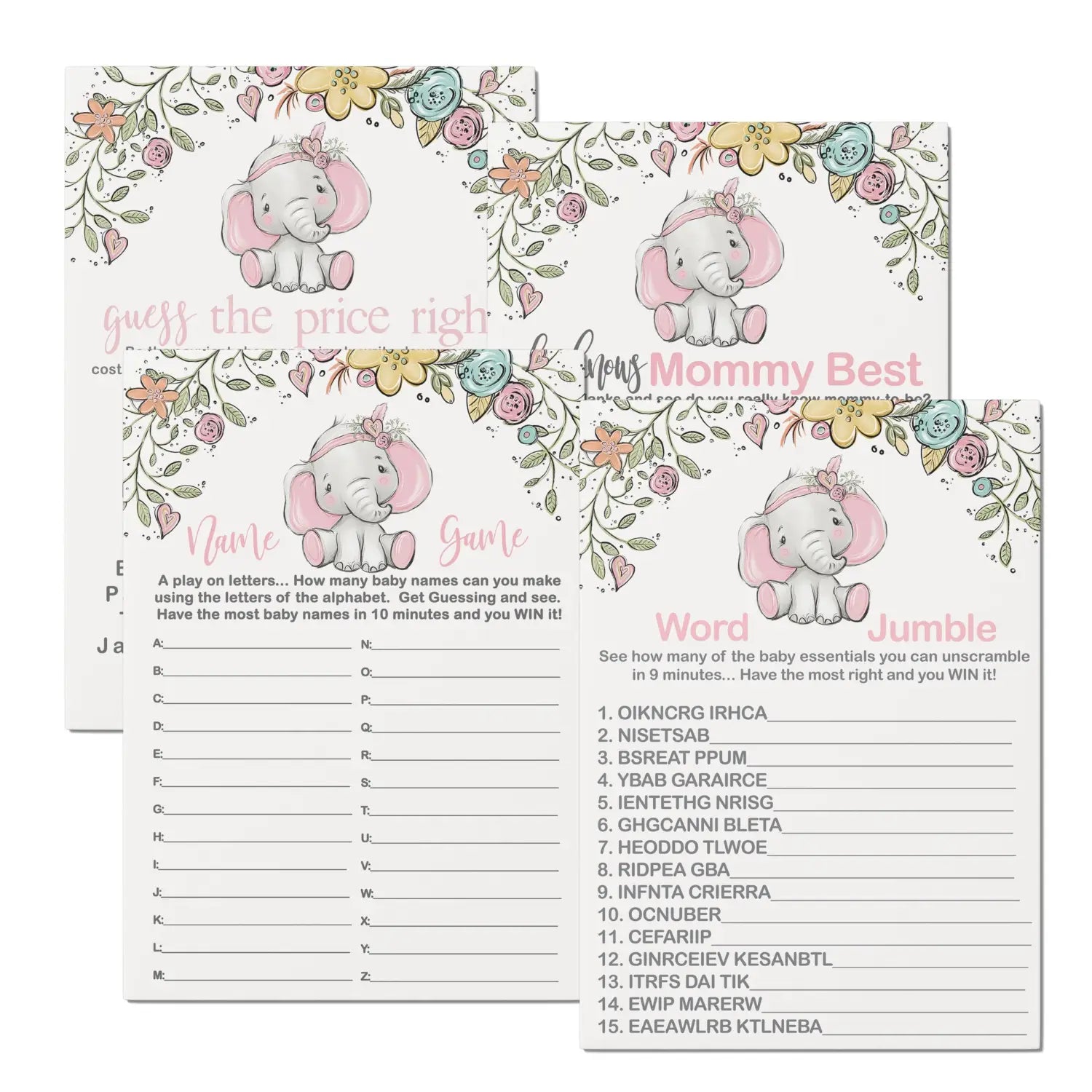 Elephant elegance - cottage baby shower game set pink 5x7 cards (25 ct) - party games
