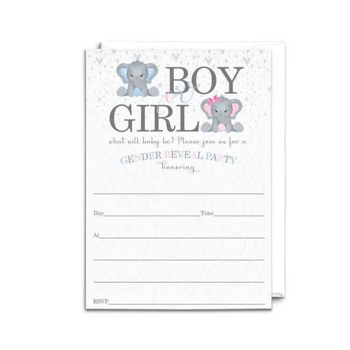 Elephant Gender Reveal Invites - 25ct Pink & Blue 5x7 - Invitations